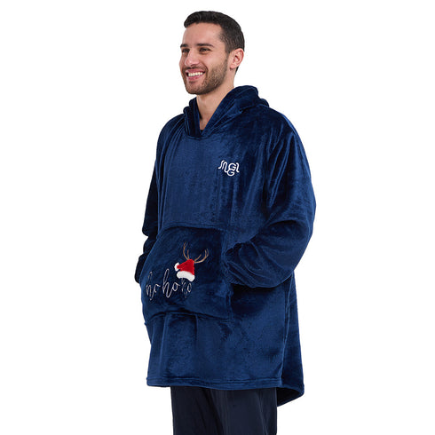 Snuggs Blanket Hoodie Dark Blue Christmas Ho Ho Ho Pocket